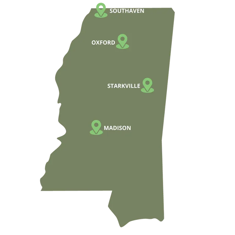 Map of the four Lifeworks Counseling offices in Mississippi